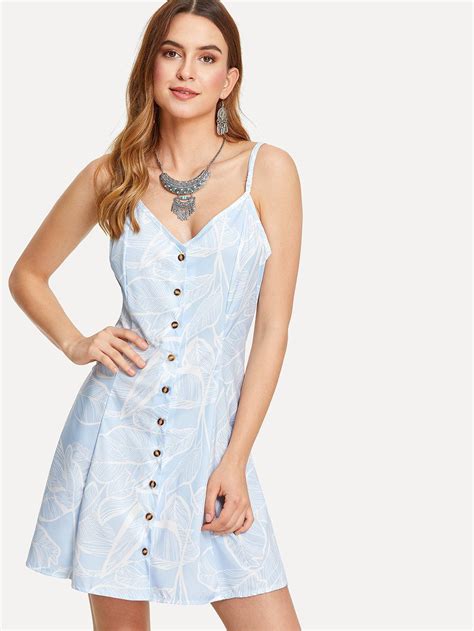 Button Through Tropical Print Cami Dress Shein Sheinside Vestidos De Tirantes Vestidos De