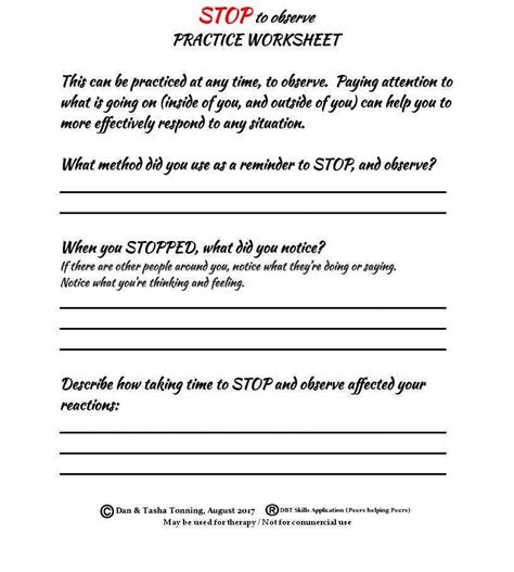 Stop Observe Skills Dbt Worksheet For Dbt Therapy