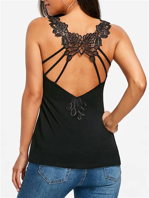 28 Off Strappy Lace Applique Open Back Tank Top Rosegal