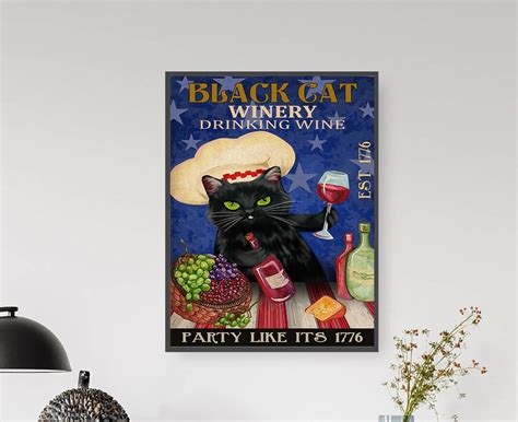 Black Cat Winery Drinking Wine Vintage Poster Funny Cat Etsy