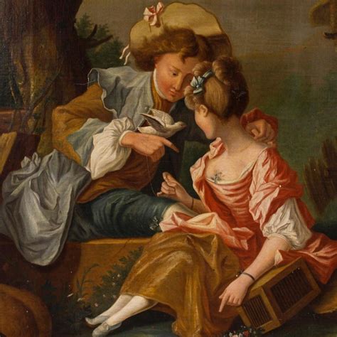 19th Century Oil On Canvas French Painting Romantic Scene With