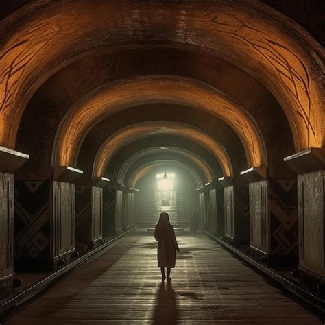 Premium Ai Image A Woman Walks Down A Long Tunnel With A Light On The