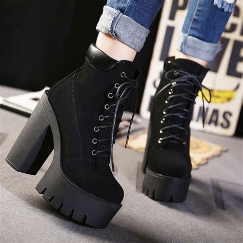 Black Suede Chunky Sole Block High Heels Platforms Boots Shoes Platform