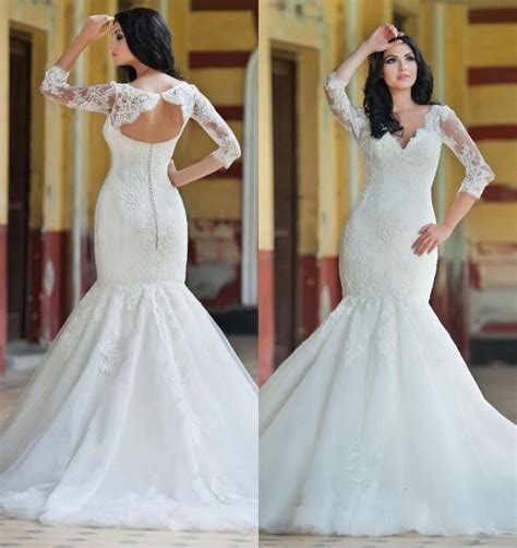 Princess Lace Mermaid Style Wedding Dresses 2016 Plus Size Illusion Hollow Arabic 34 Long