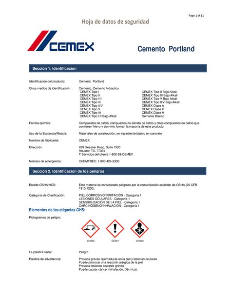 Cemento Extra Cemex Hds Hoja De Datos De Seguridad Cemento Portland