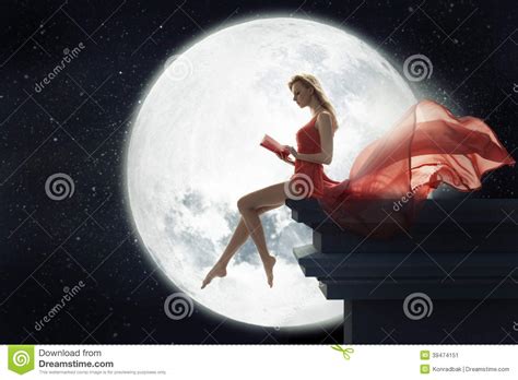 Cute Woman Over Full Moon Background Stock Image Image 39474151