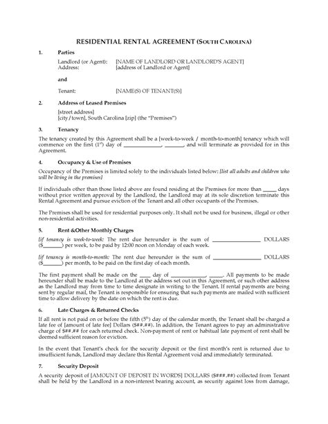 South Carolina Rental Agreement For Residential Premises Legal Forms