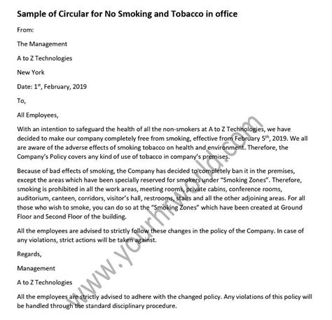 Sample Of Circular For No Smoking And Tobacco In Office Hr Letter Formats