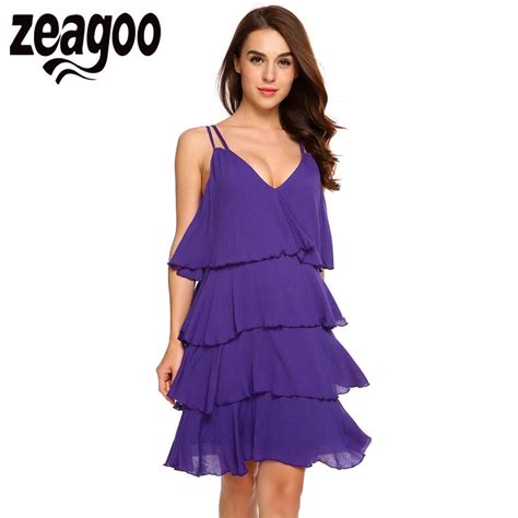 Zeagoo Women Double Spaghetti Strap V Neck Sleeveless Tiered Ruffle Solid Mini Dress 2018 Summer