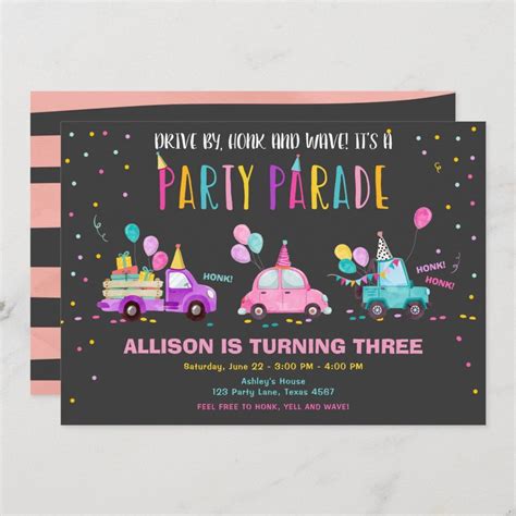 Drive By Birthday Party Parade Pink Drive Through Invitation Size 5 X