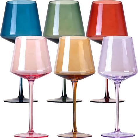 Physkoa Colorful Wine Glasses Set Of 6 16oz Hand Blown Crystal Long Stem Wine