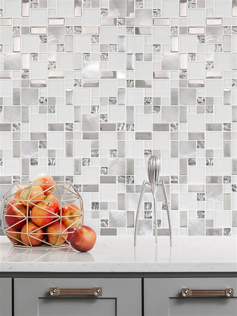 Elegant Modern White Glass Metal Backsplash Tile