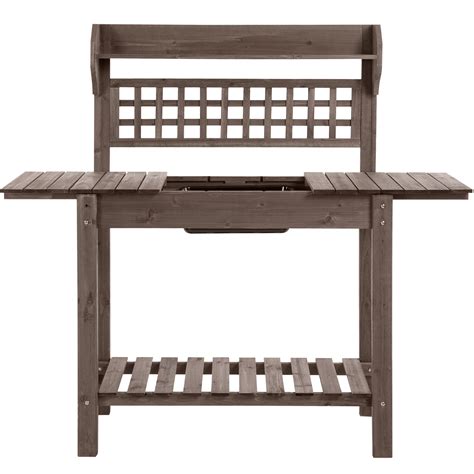 Wooden Outdoor Planning And Potting Bench With Sink Basin And Clapboard