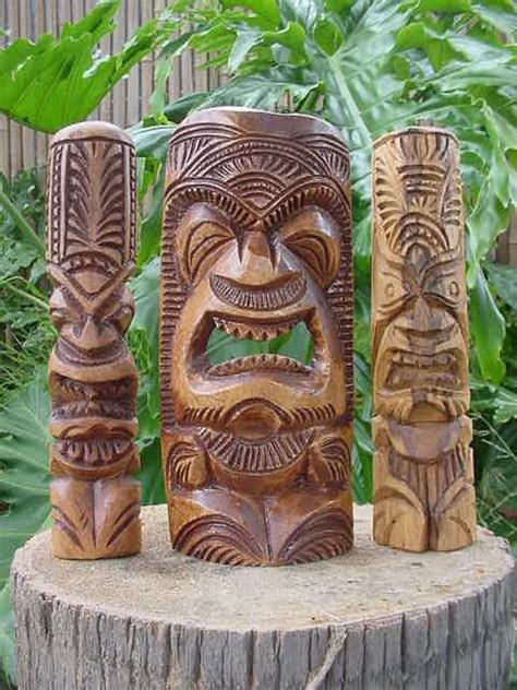 Lot Of 3 Vintage Hand Carved Hawaiian Tiki Statues Polynesian Wood Carvings Of Tongan Styled