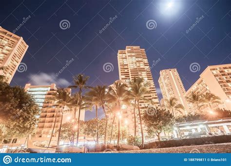 High Rise Buildings Of Waikiki From Beach At Night Stock Image Image