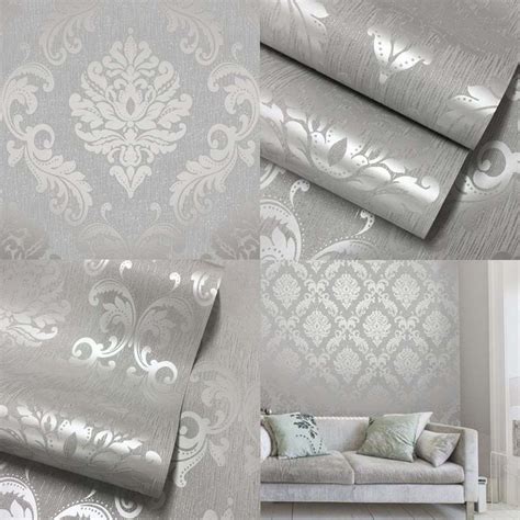 Henderson Interiors Chelsea Glitter Damask Wallpaper Soft Grey Silver