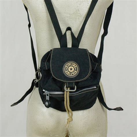 vintage 90s black mini backpack purse kipling nylon drawstring 1990s hipster fashion womens