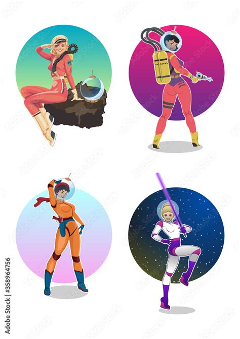 Space Pin Up Girls Illustration Set Women Astronauts Retro Future Mid Century Modern Style