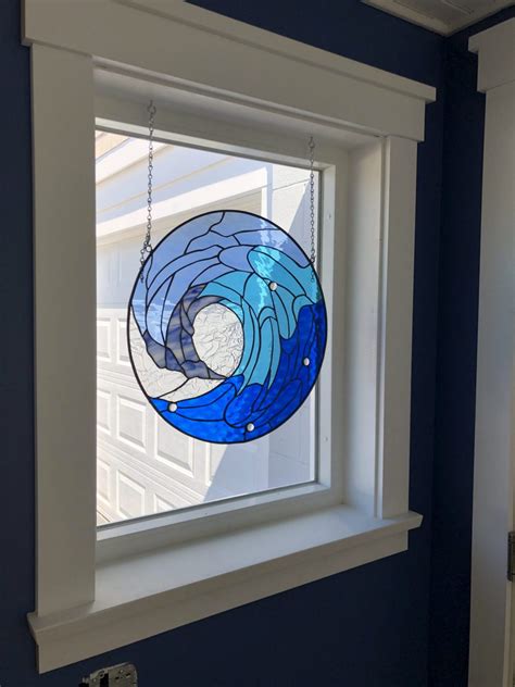 Deep Blue Cresting Ocean Wave Leaded Stained Glass Window