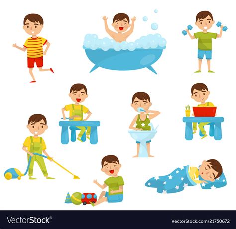 Daily Routine Of Cute Boy Set Kids Activity Boy Vector Image