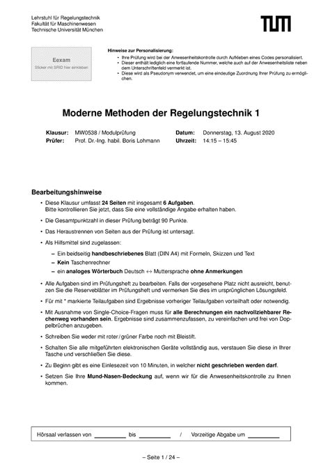 Klausur MM1 20SS SS20 Lehrstuhl für Regelungstechnik Fakultät für