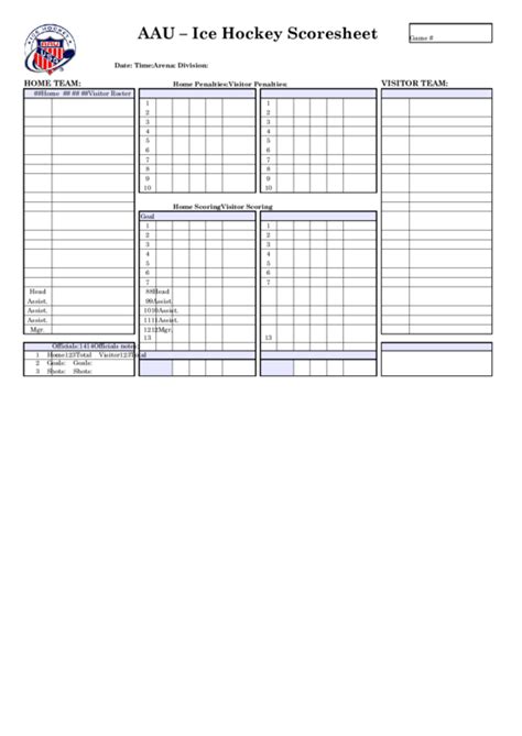 Aau Ice Hockey Scoresheet Printable Pdf Download