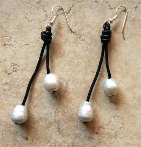 Leather And Pearl Earrings Etsy