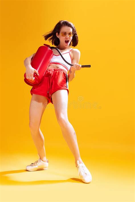 Happy Woman Fire Extinguisher Stock Photos Free Royalty Free Stock