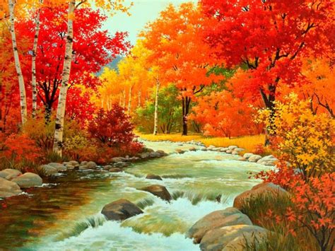 Autumn River Rocks Trees Foliage