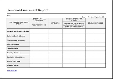 Personal Assessment Report Excel Templates