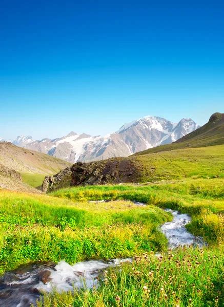 River In Mountain Valley With Bright Meadow Natural Summer Landscape