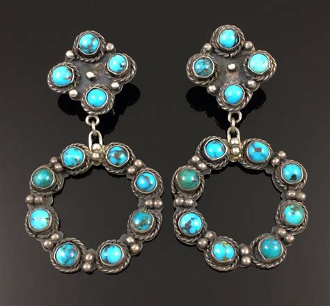 Old Large Navajo Handmade Sterling Silver Turquoise Hoop Earrings