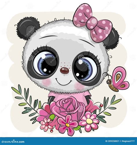 Cartoon Panda With Flowers With A Bow Stock Vector Illustration Of