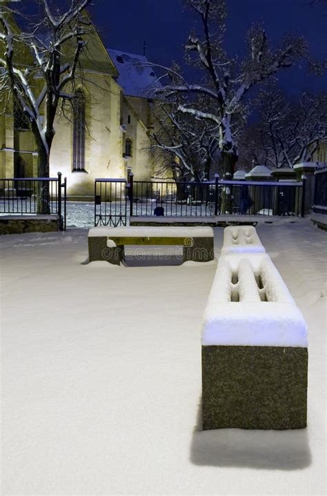 Winter Snow Park Bench By Night Church Yard Sibiu Stock Photo Image