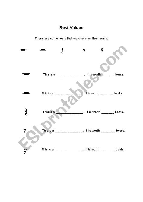 Each note value has a corresponding. Rest Values (Music) - ESL worksheet by Misty Lu