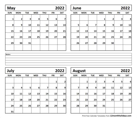 Printable Blank Four Month May June July August 2022 Calendar Template