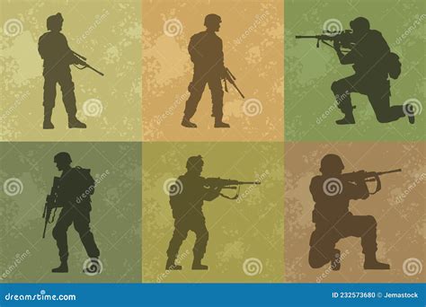 Seis Siluetas De Soldados Militares Ilustración Del Vector
