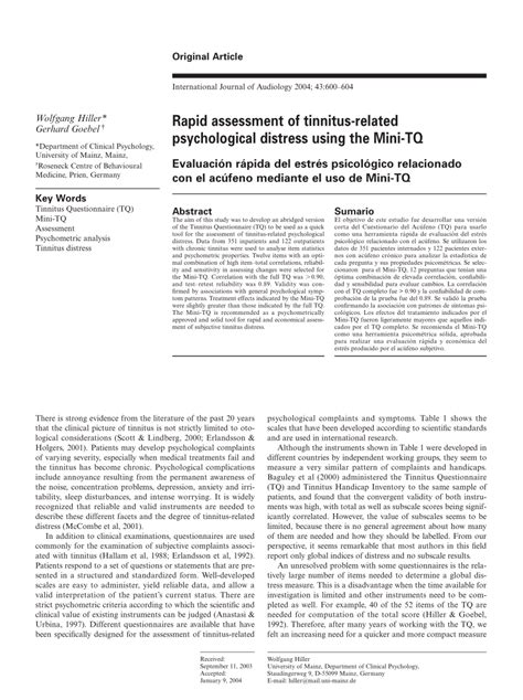 Pdf Rapid Assessment Of Tinnitus Related Psychological Distress Using