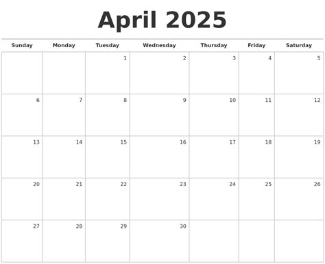 April 2025 Blank Monthly Calendar