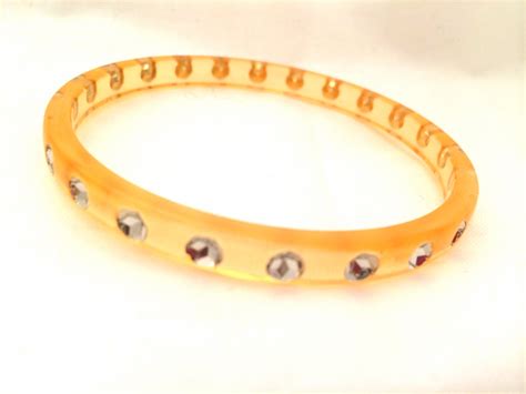 translucent yellow clear rhinestones old plastic lucite acrylic bracelet bangle bracelets