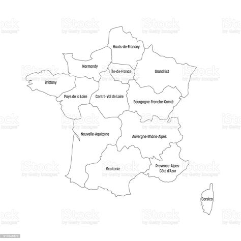 Creative outline of french country with flag. Outline Map Of France Divided Into 13 Administrative Metropolitan Regions Since 2016 Four Shades ...