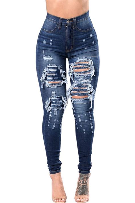 Lovely Stylish High Waist Broken Holes Deep Blue Jeans Jeans Bottoms Lovelywholesale Wholesale