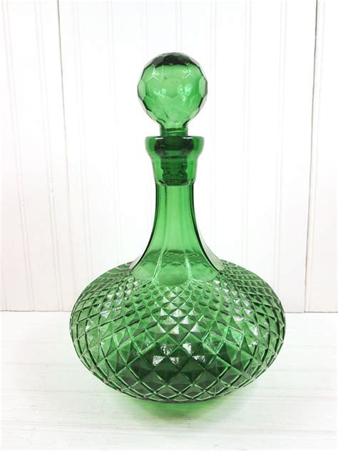 Vintage Green Genie Bottle Liquor Decanter Glass Retro Barware W Stopper Ebay Green Glass