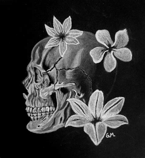 Newest Artwork Side View Of Skull In White Charcoal With Flowers