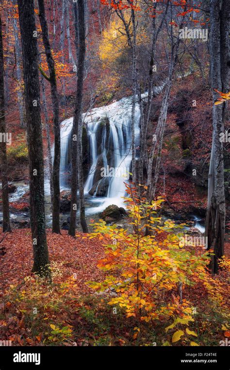 Beautiful Waterfall In Autumn Forest In Crimean Mountains At Sunset