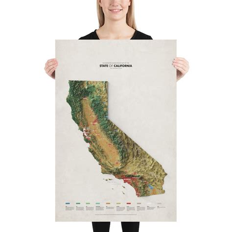 Shaded Relief Map Of California With Land Cover Data Etsy
