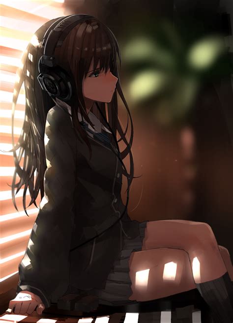 Anime Art Music Listening To Music School Uniform