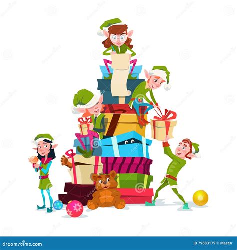christmas elf group cartoon character santa helper with present box stack stock vector
