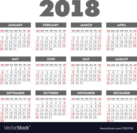Simple 2018 Year Calendar Royalty Free Vector Image