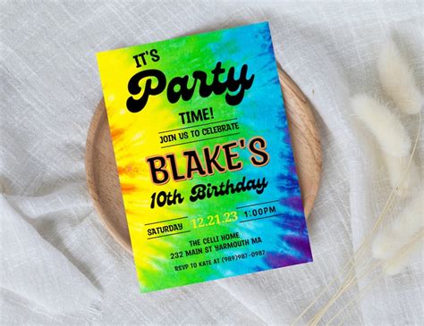 Tie Dye Party Invitation Instant Download Rainbow Tie Dye Etsy